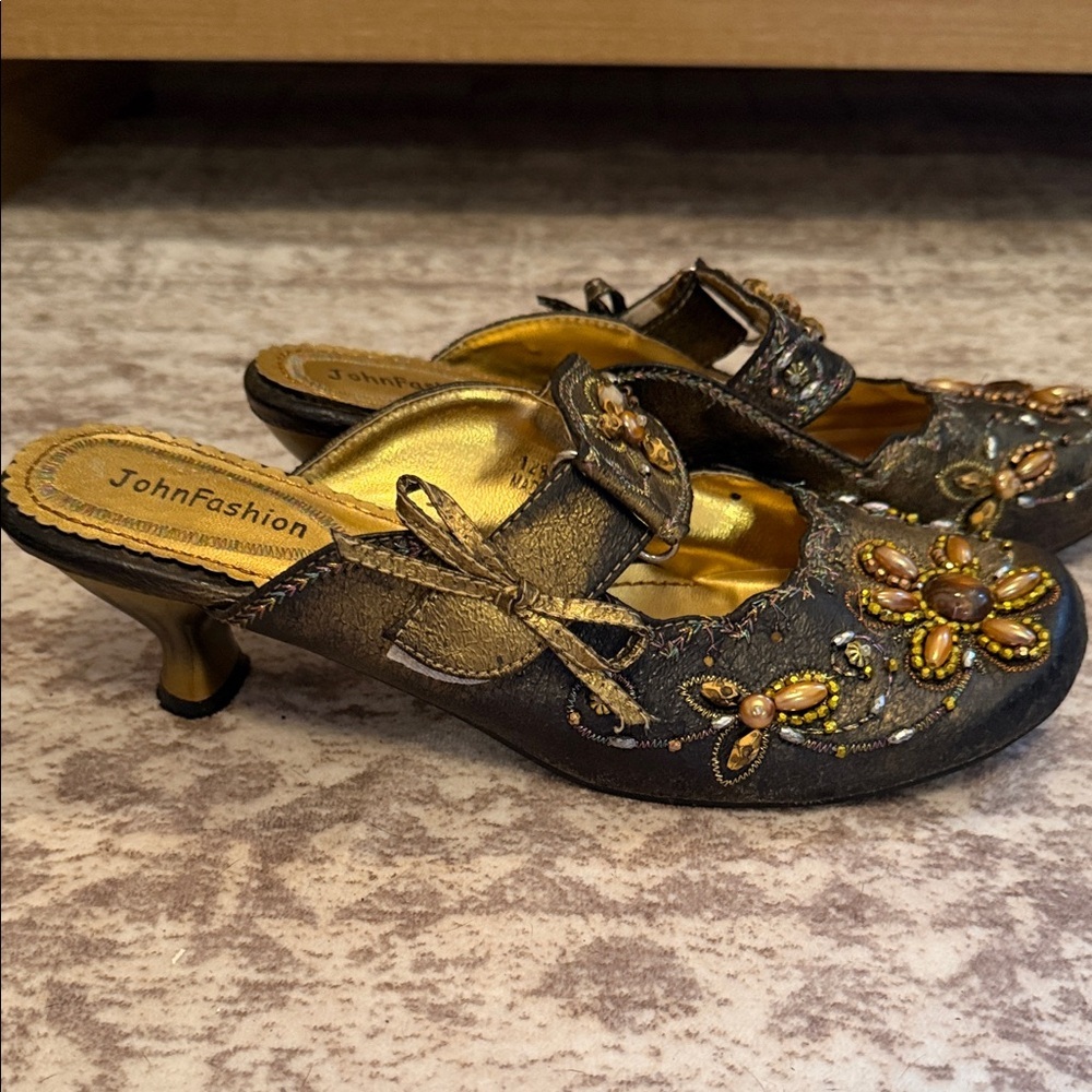 John Fashion Women's Black and Gold Embellished Mules - Picture 6 of 9